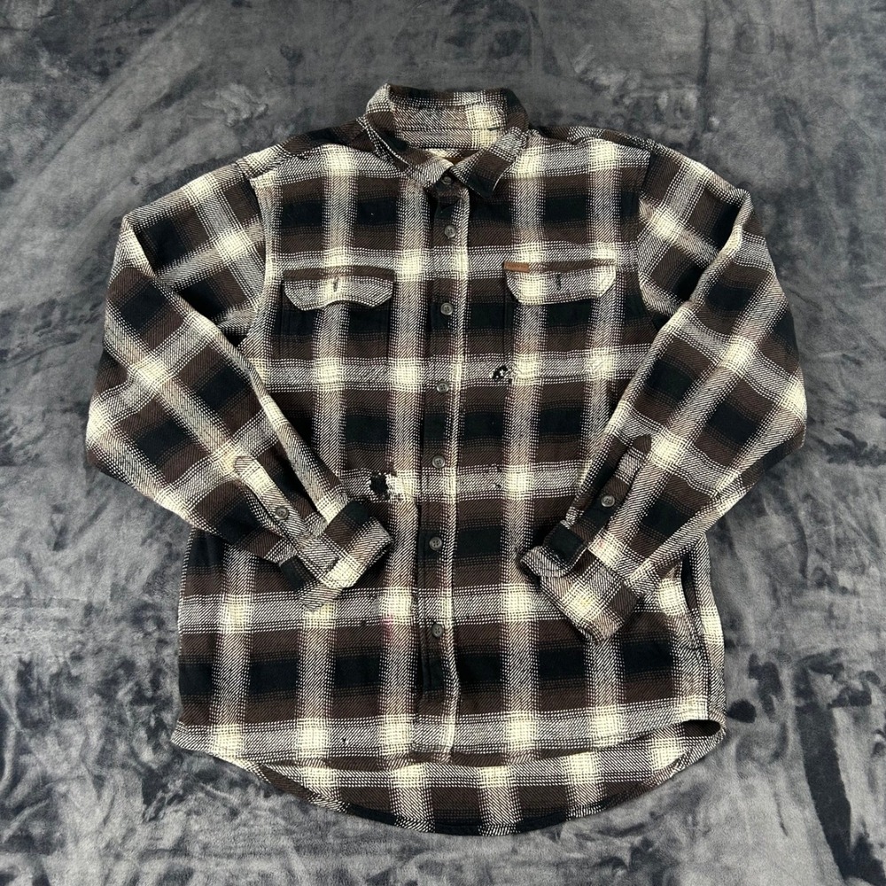 Orvis Flannel Shirt Mens Large Brown Plaid Distressed Cotton Long Sleeve